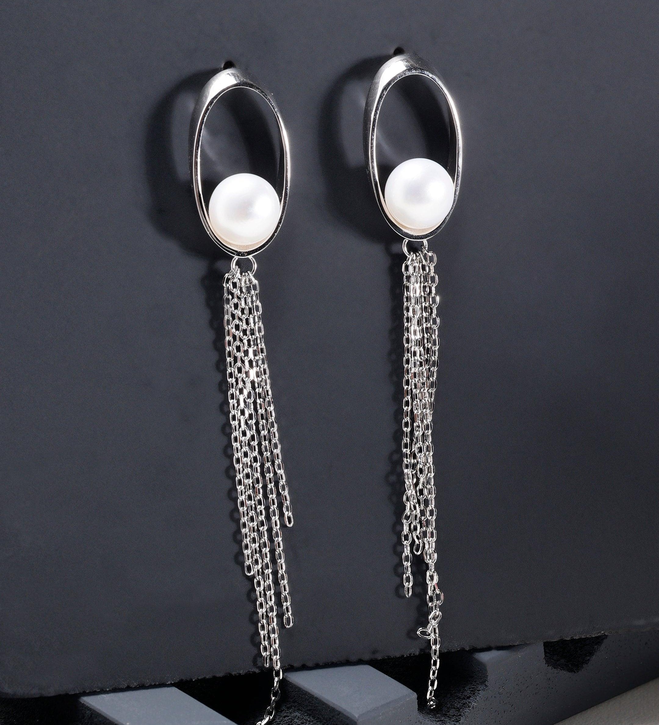 Oval Tassel 925 Silver Earrings with Freshwater Pearl - Diavo Jewels