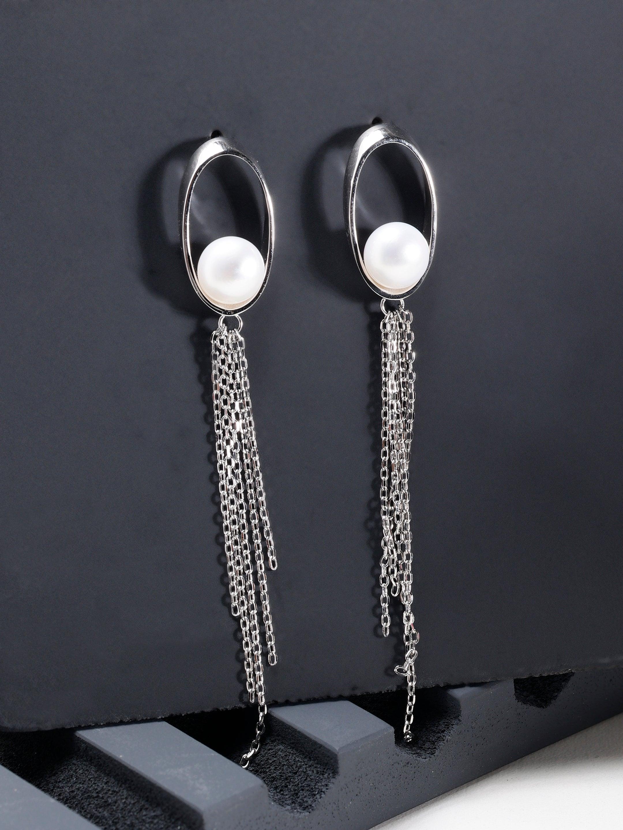 Oval Tassel 925 Silver Earrings with Freshwater Pearl - Diavo Jewels