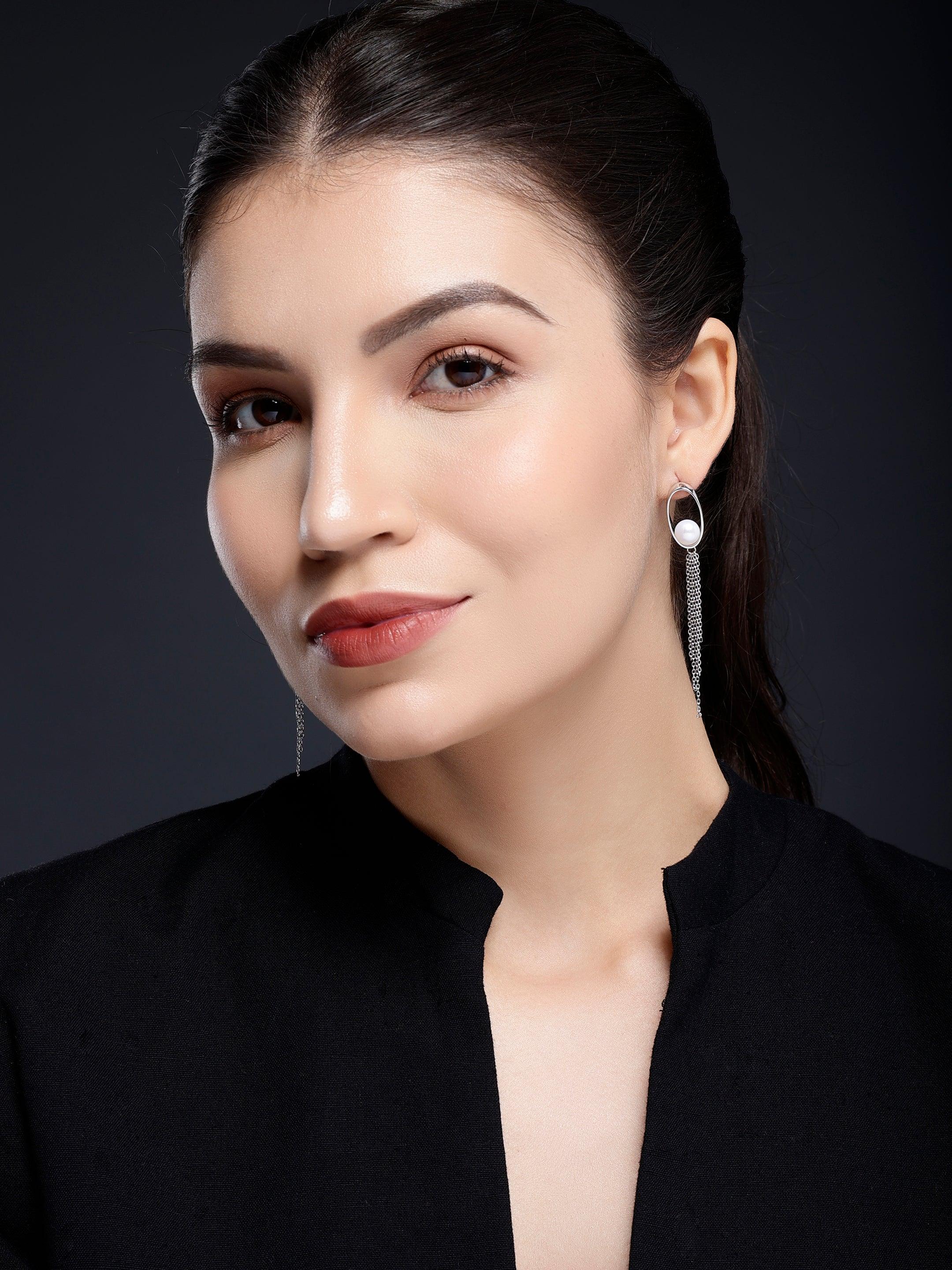 Oval Tassel 925 Silver Earrings with Freshwater Pearl - Diavo Jewels