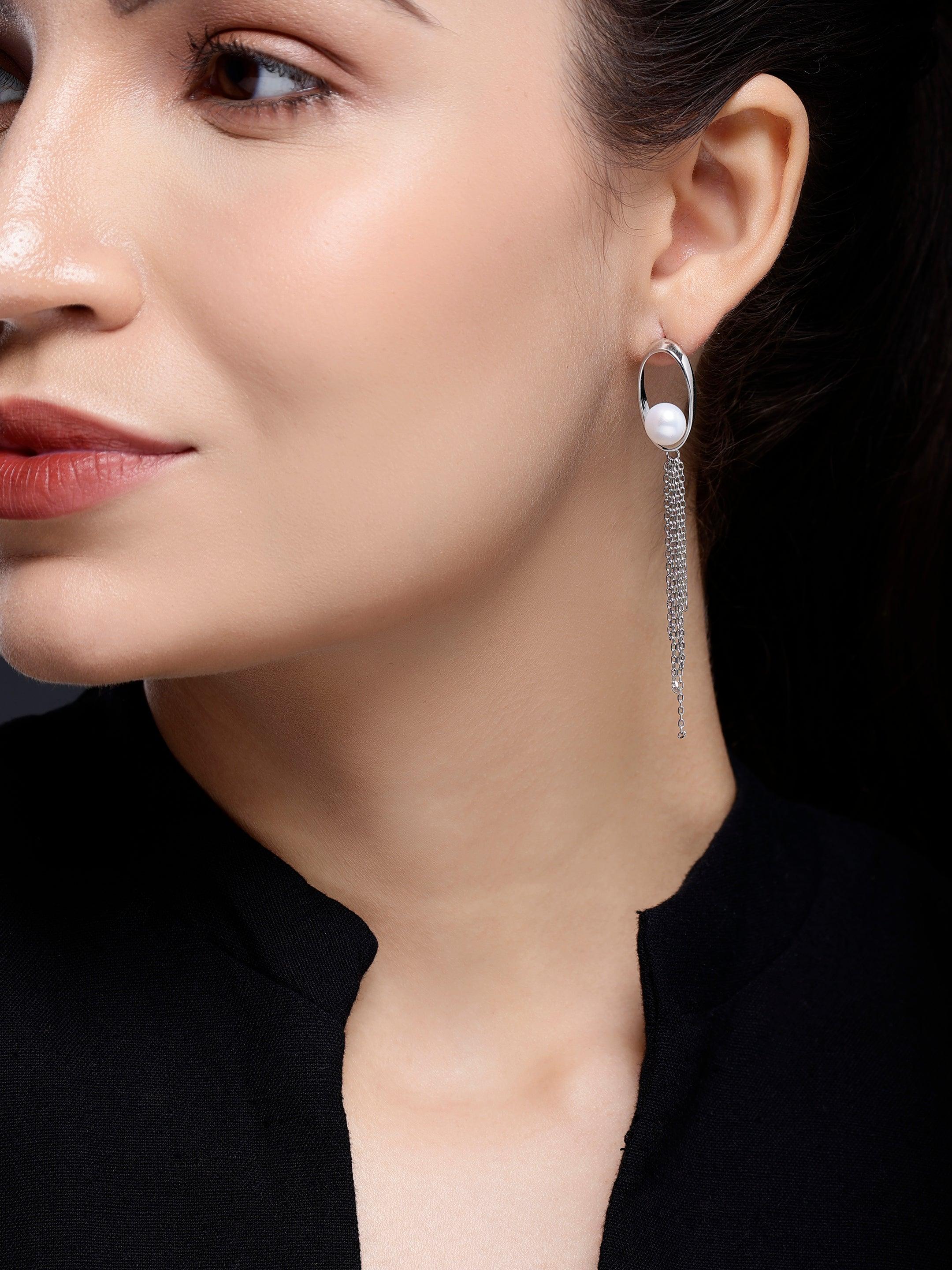 Oval Tassel 925 Silver Earrings with Freshwater Pearl - Diavo Jewels