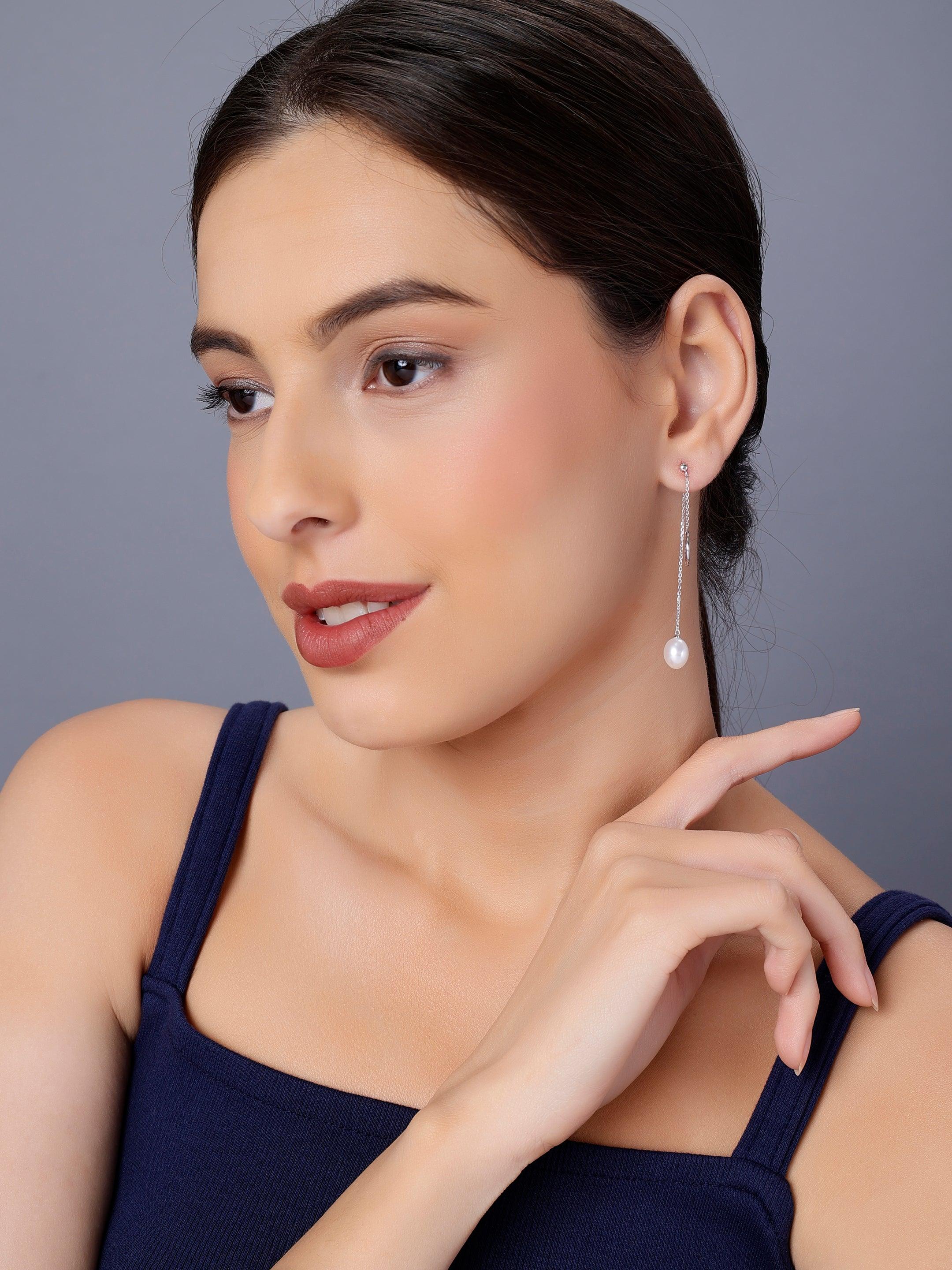 Dainty Circle & Pearl Drop 925 Silver Earrings - Diavo Jewels