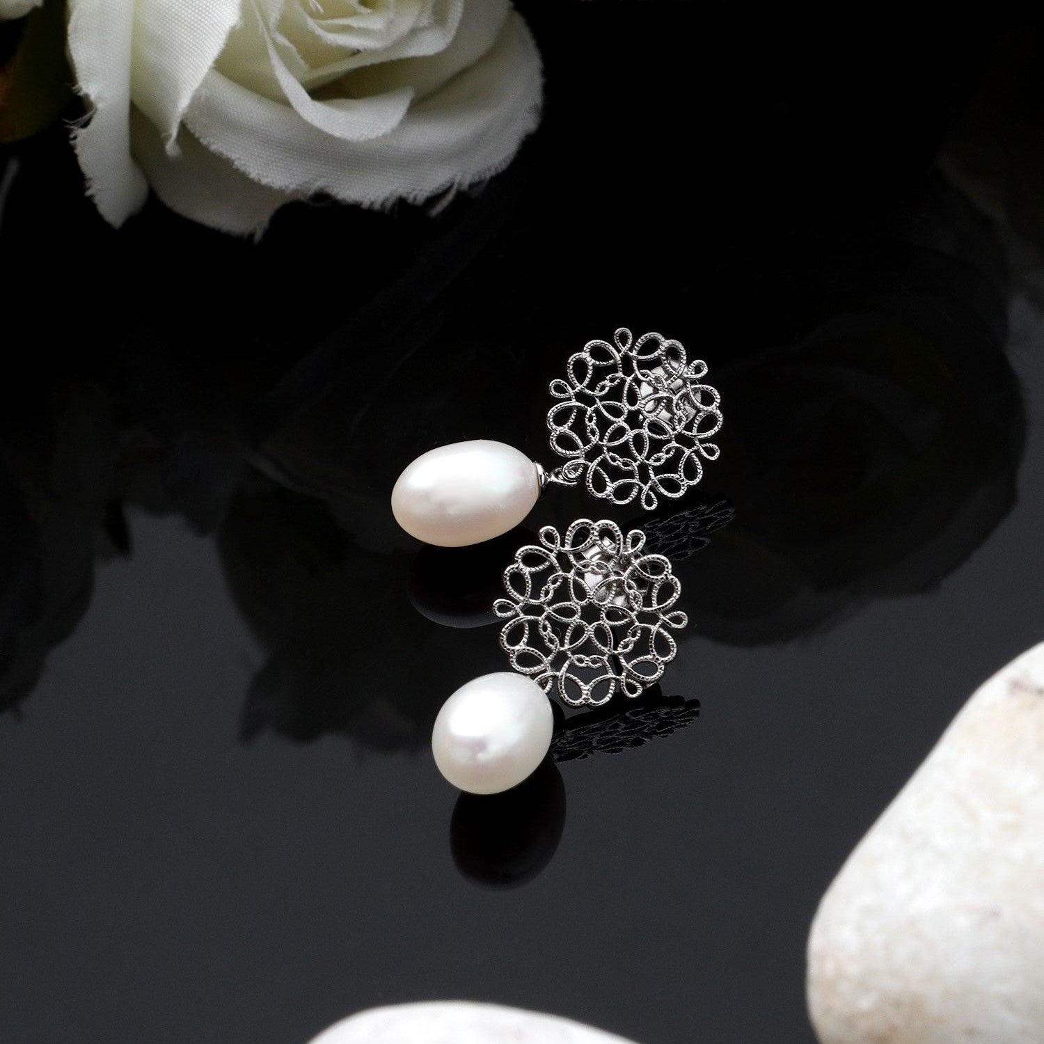 Intricate Reverie: 925 Silver Earrings with Exquisite Pearl Drop - Diavo Jewels