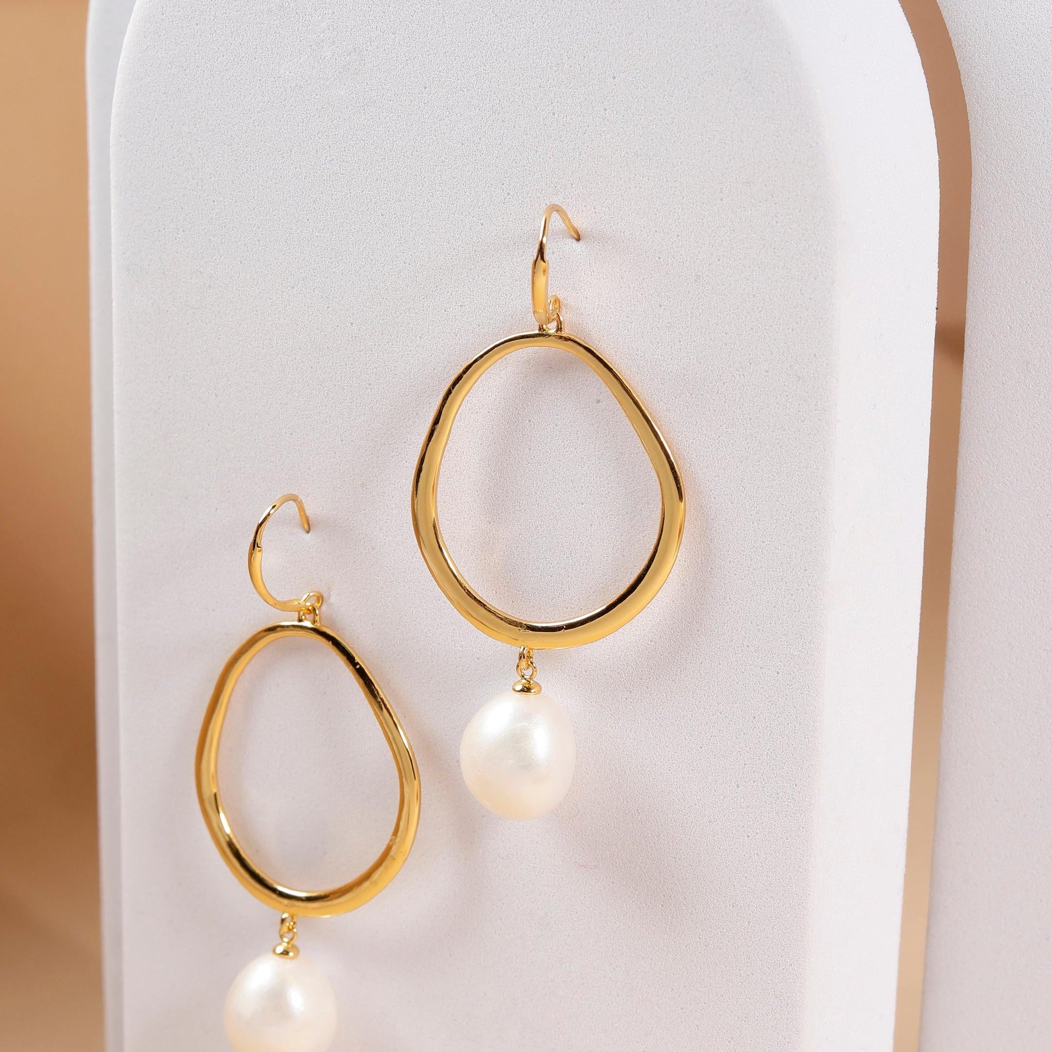 925 Silver Round Hoop Earrings with Drop-Down Pearl