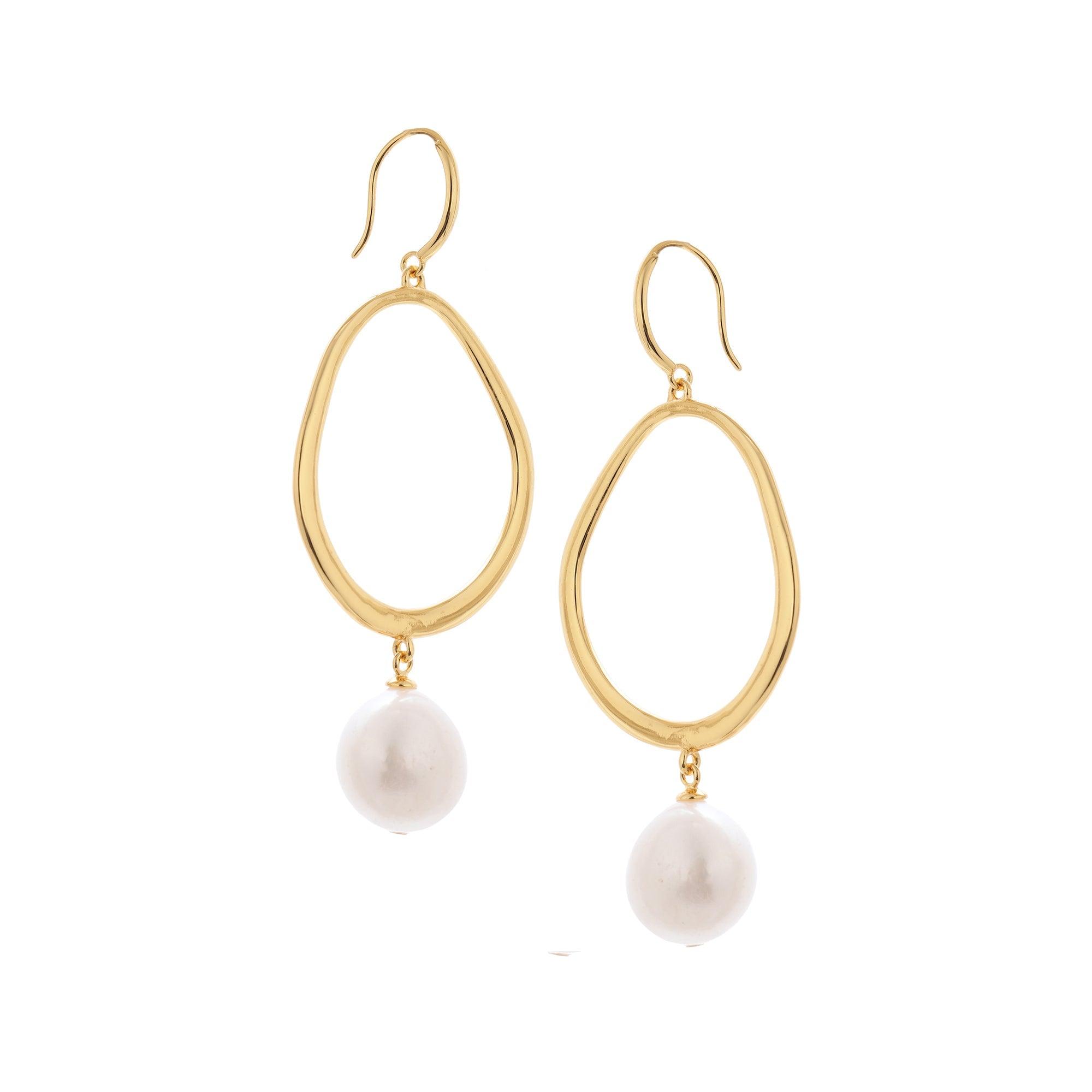 925 Silver Round Hoop Earrings with Drop-Down Pearl