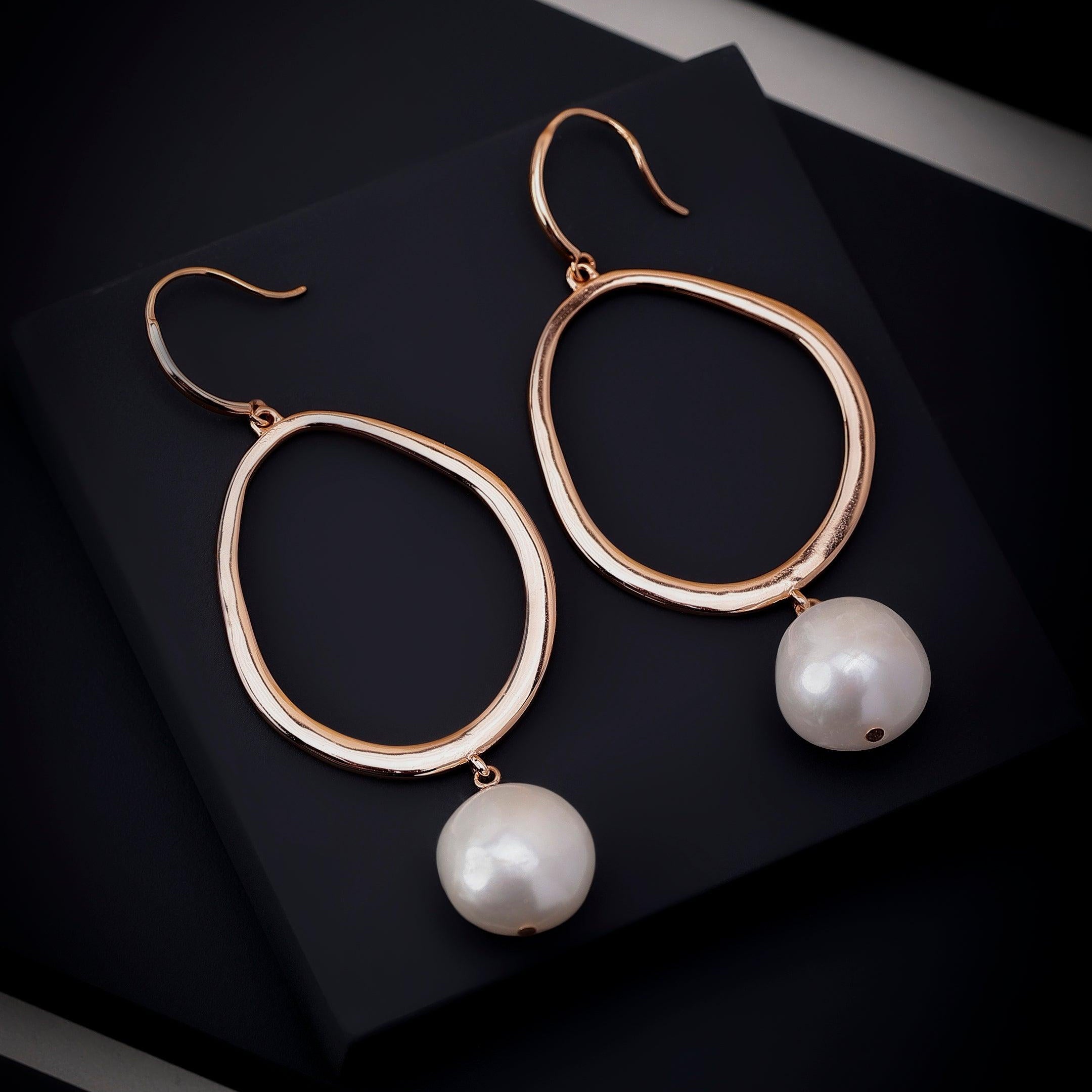 925 Silver Round Hoop Earrings with Drop-Down Pearl
