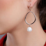 925 Silver Round Hoop Earrings with Drop-Down Pearl