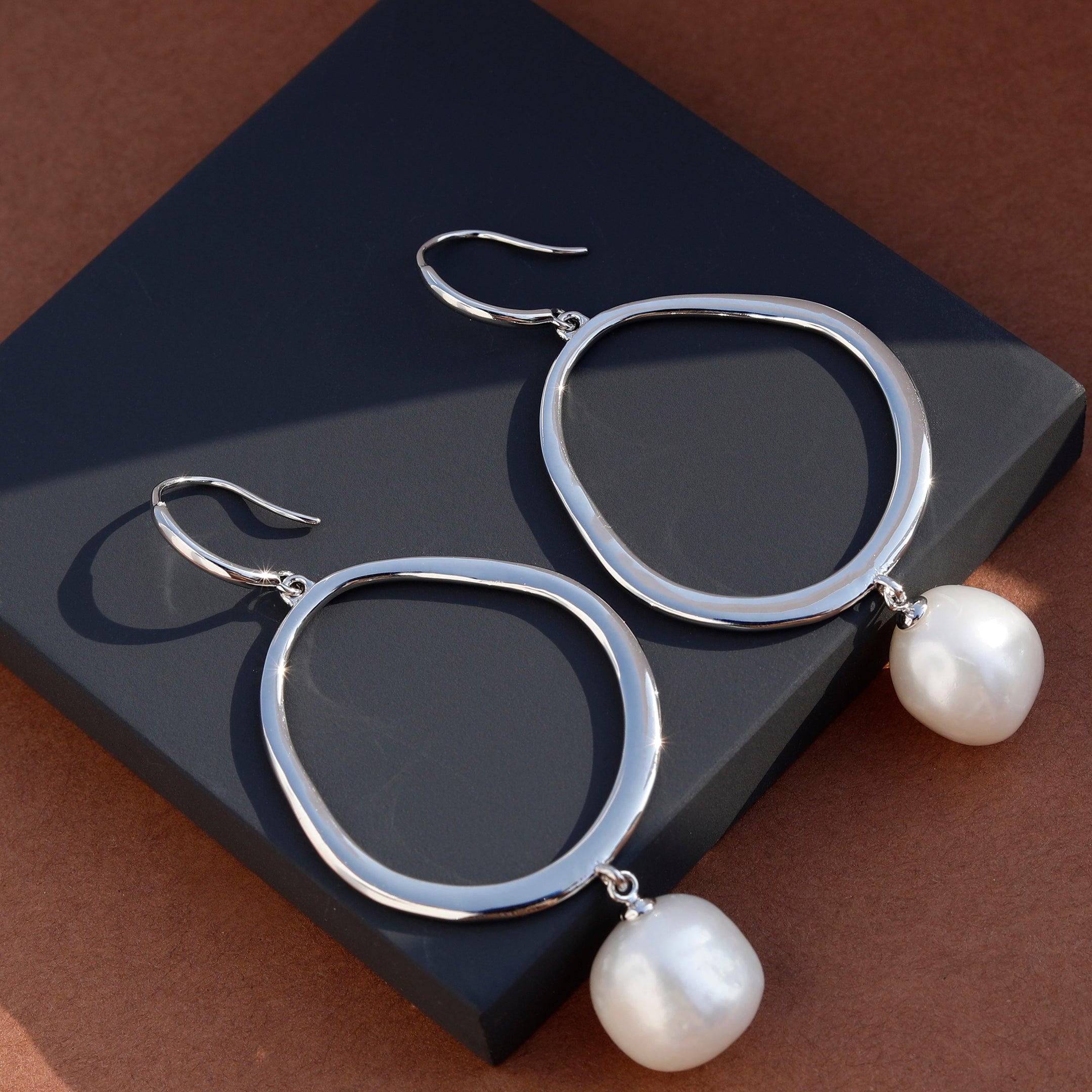 925 Silver Round Hoop Earrings with Drop-Down Pearl