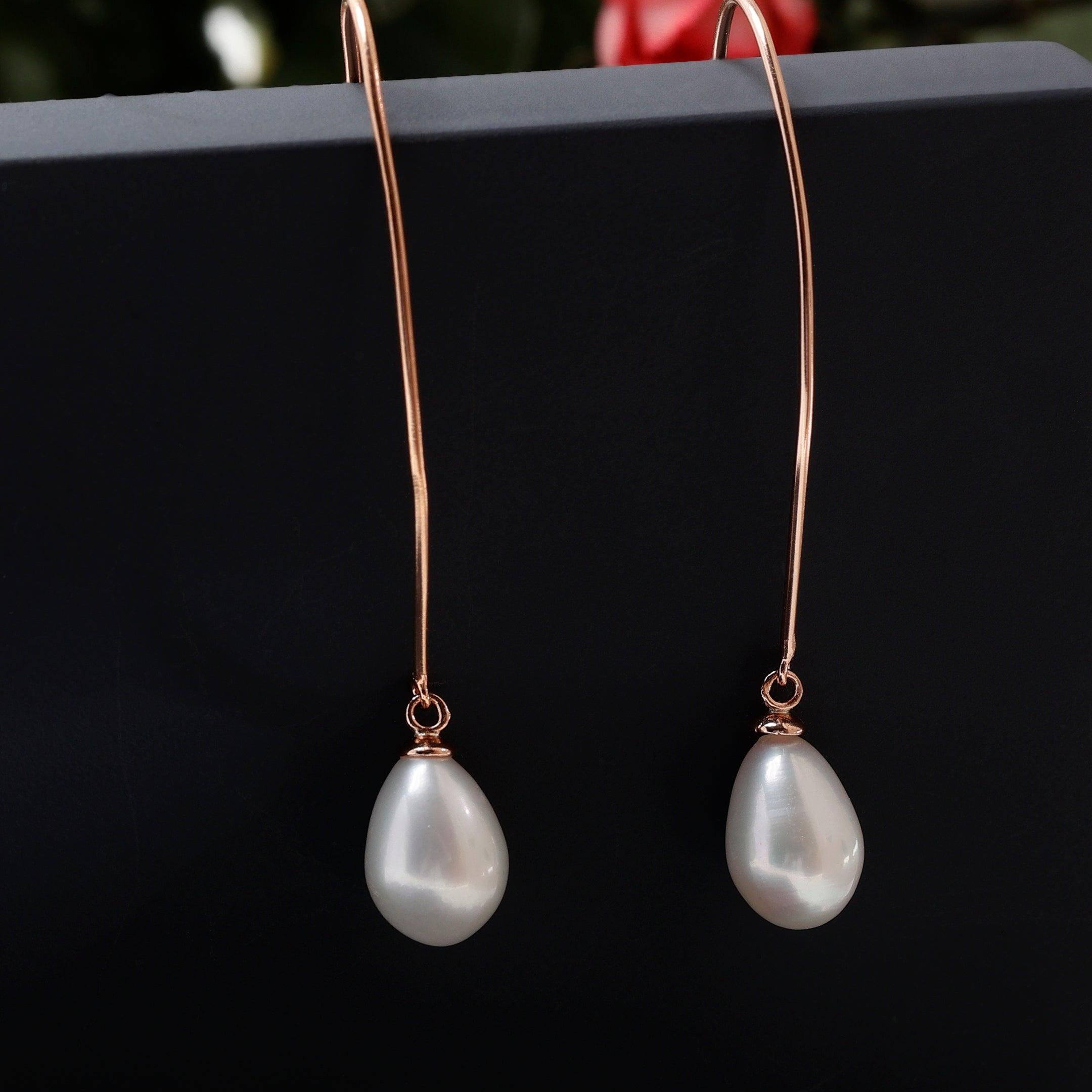 Silver Streamline Long 925 Silver Earrings with Flowing Freshwater Pearl - Diavo Jewels