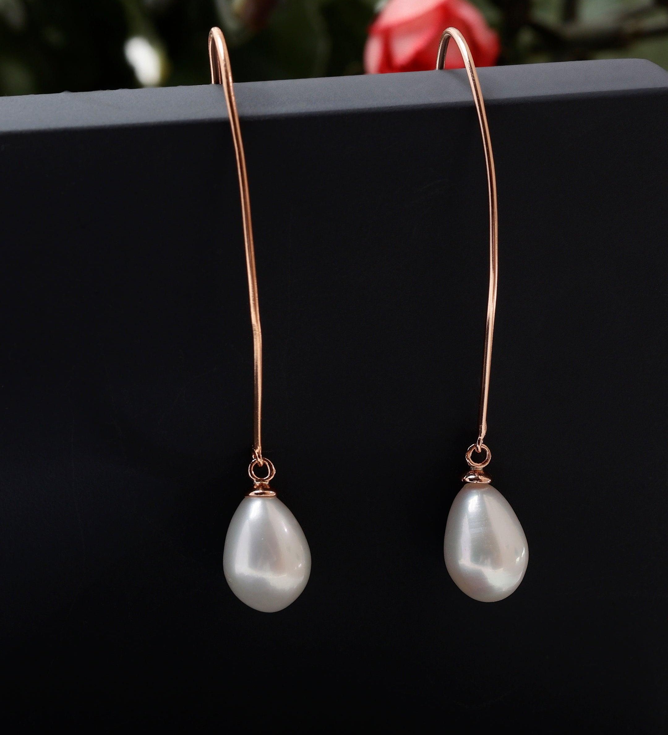Silver Streamline Long 925 Silver Earrings with Flowing Freshwater Pearl - Diavo Jewels
