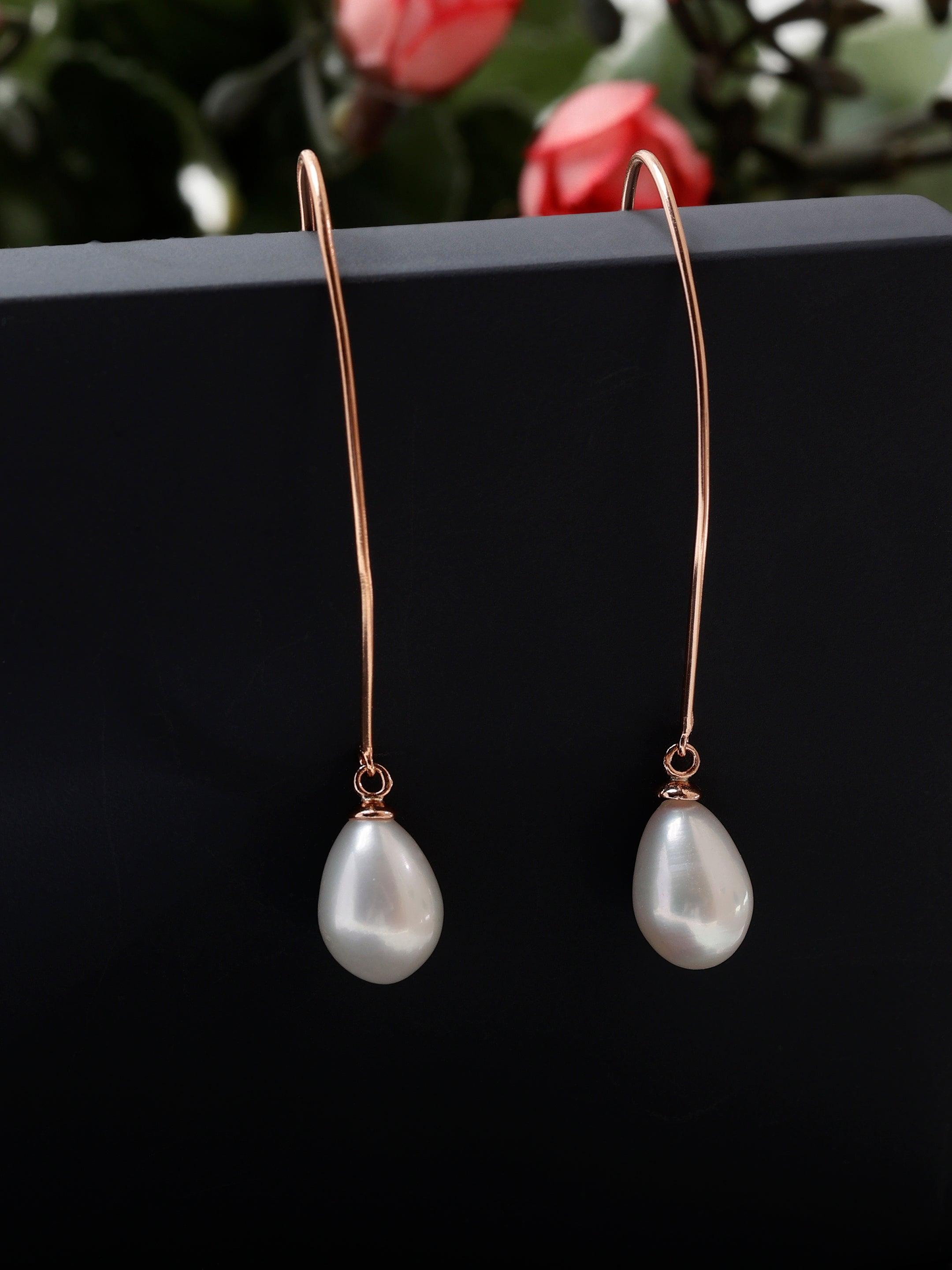 Silver Streamline Long 925 Silver Earrings with Flowing Freshwater Pearl - Diavo Jewels