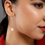 Silver Streamline Long 925 Silver Earrings with Flowing Freshwater Pearl - Diavo Jewels