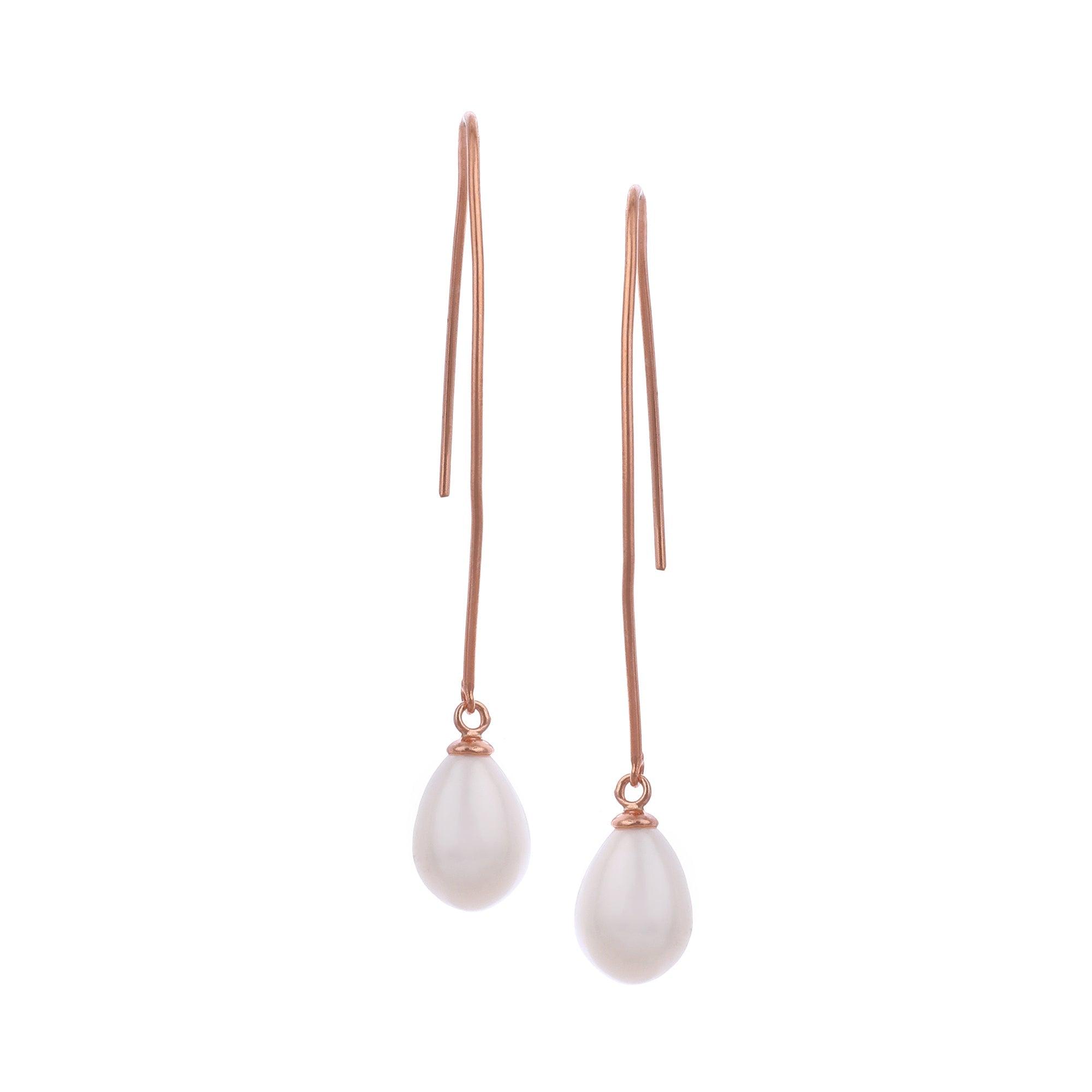 Silver Streamline Long 925 Silver Earrings with Flowing Freshwater Pearl - Diavo Jewels