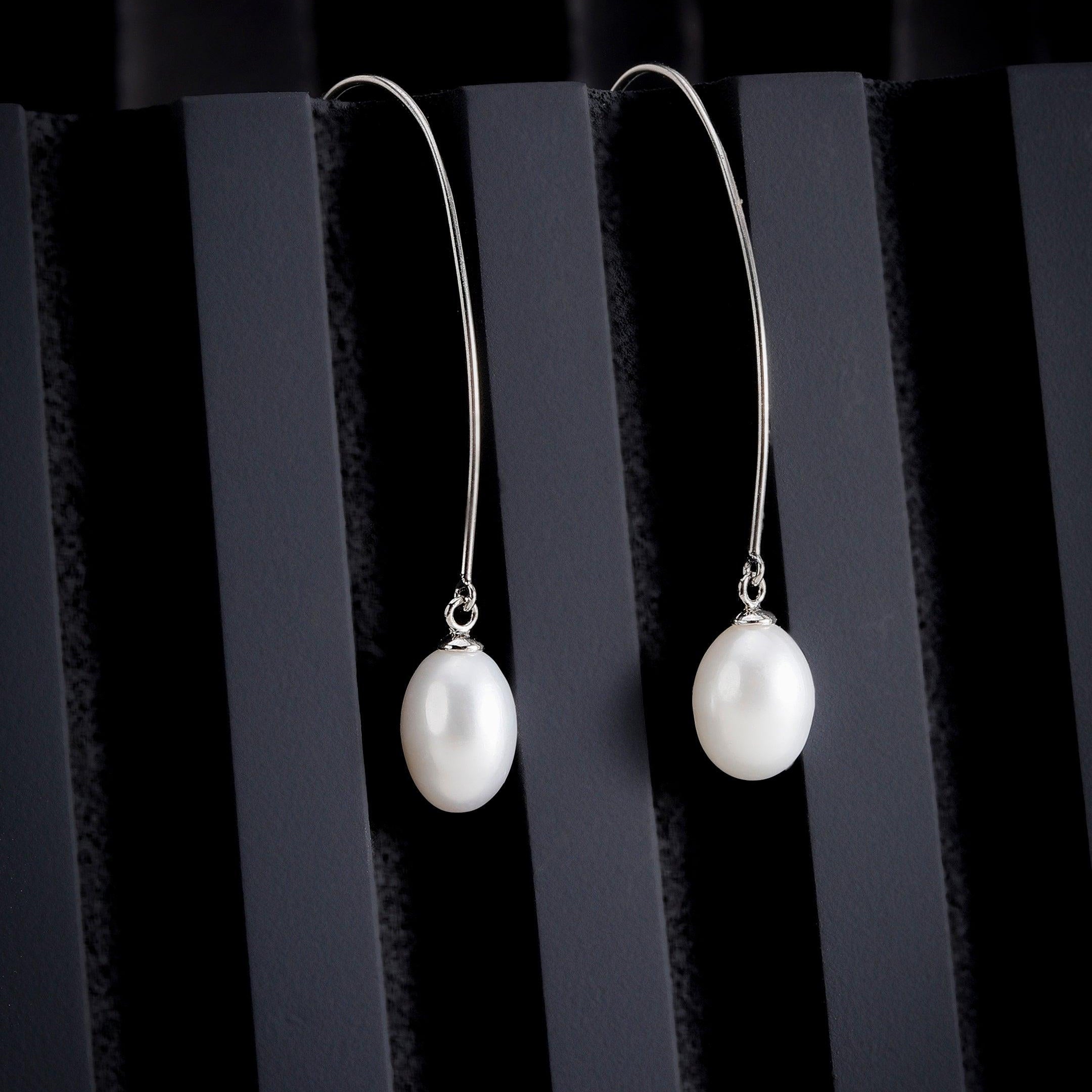 Silver Streamline Long 925 Silver Earrings with Flowing Freshwater Pearl - Diavo Jewels
