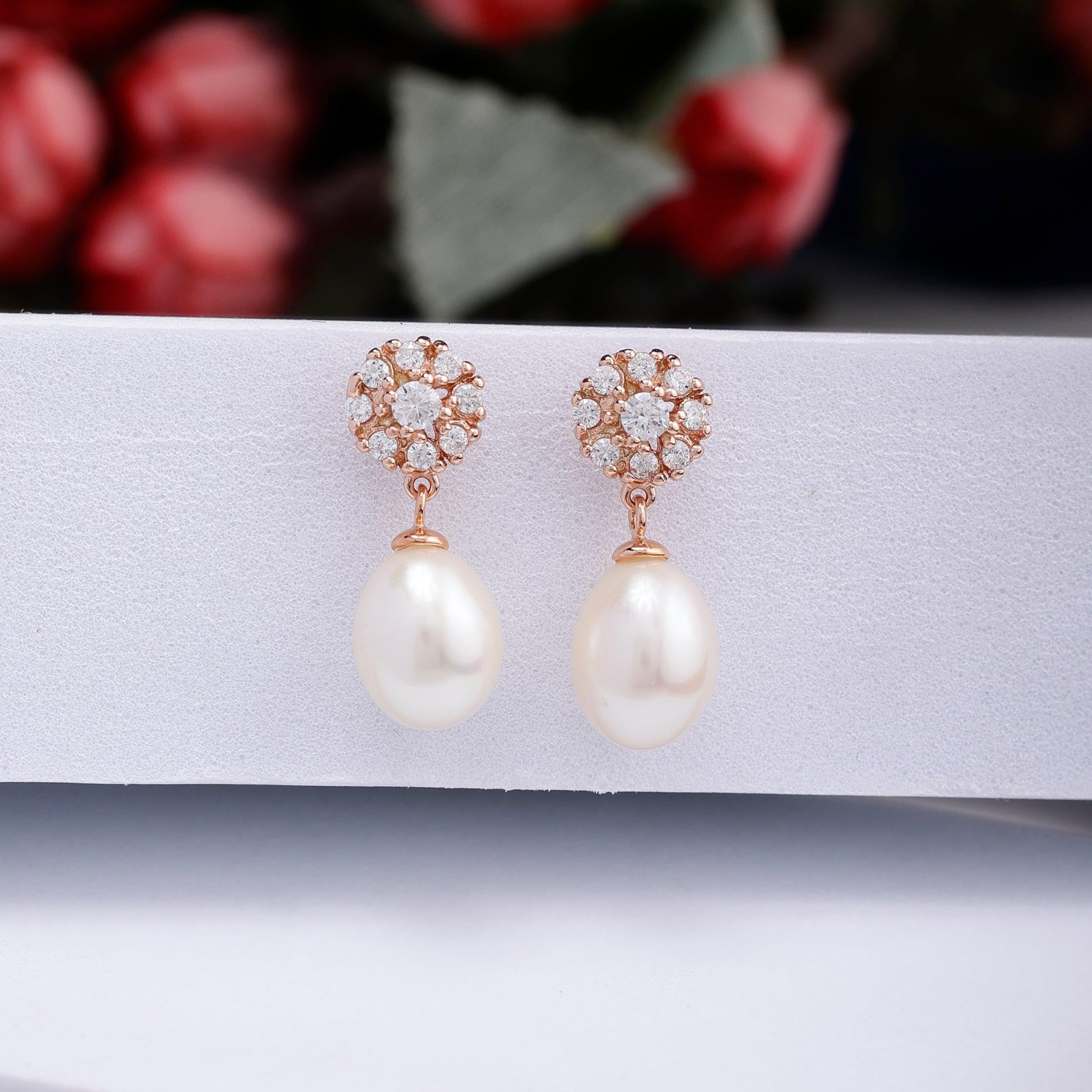 Sparkling Floral Pearl Silver Earrings - Diavo Jewels